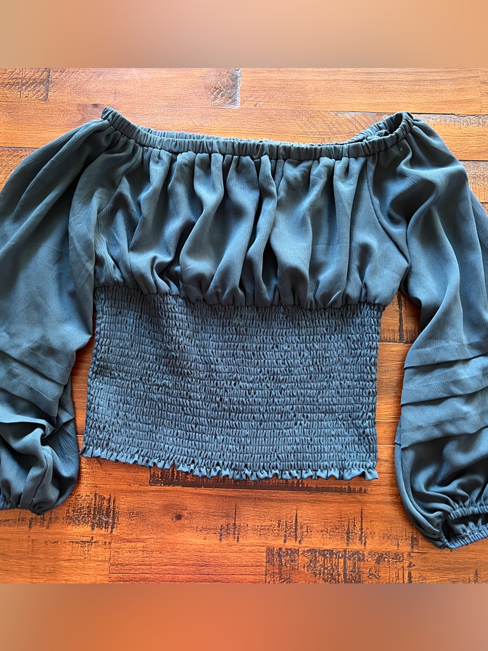 Teal Off-Shoulder Smocked Waist Blouse